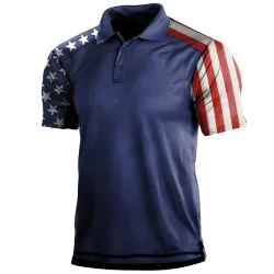Men\'s Outdoor American Flag Print Polo Neck T-Shirt