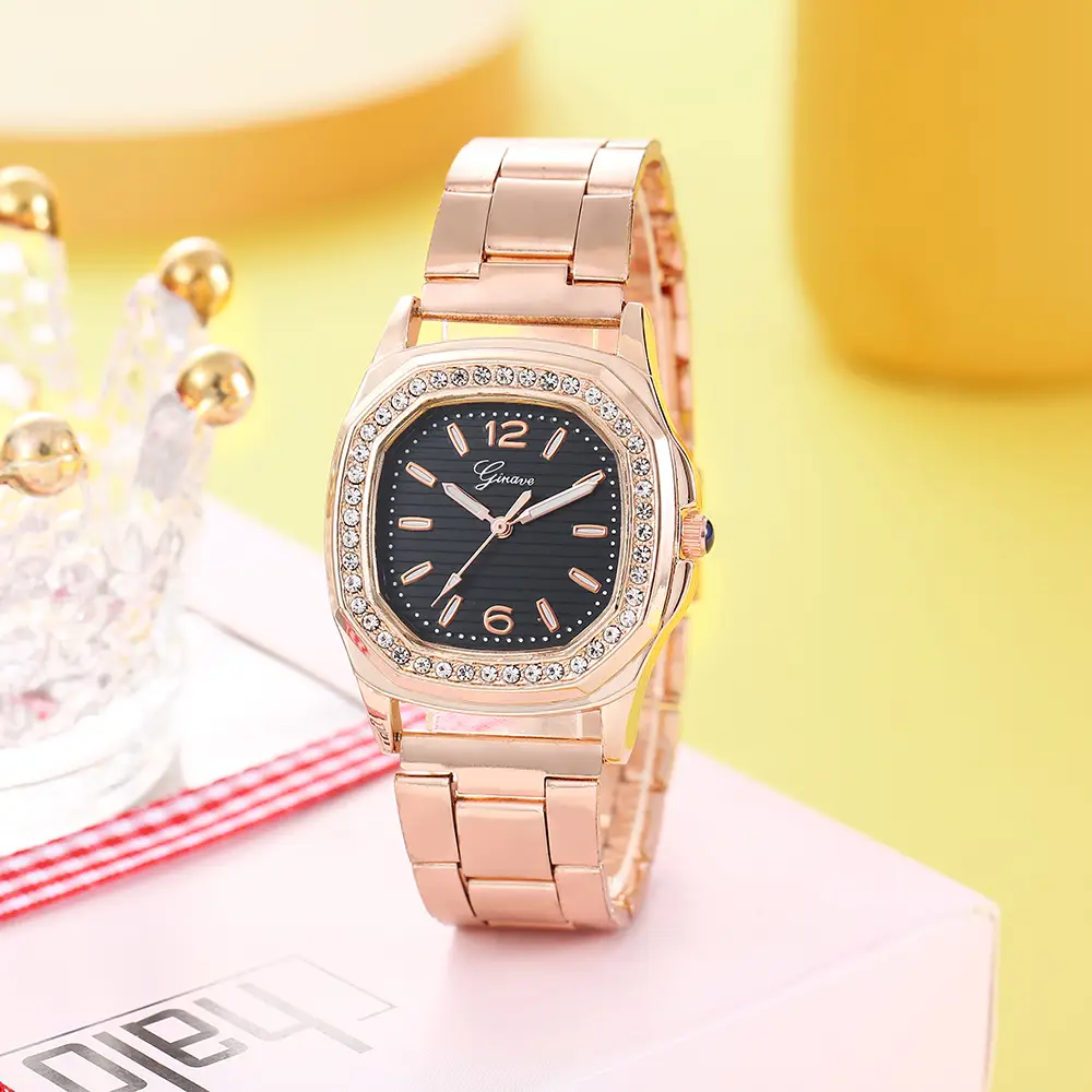 Image Classic Solid Color Stainless Steel Strap Inlaid Rhinestone Women\s Watch