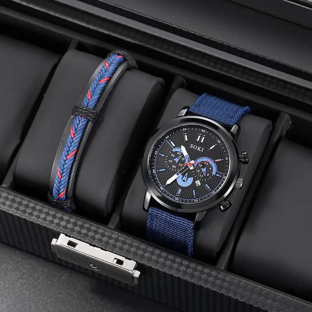 Image Fashion Casual Style Blue Woven Nylon Strap Quartz Watch Wristband