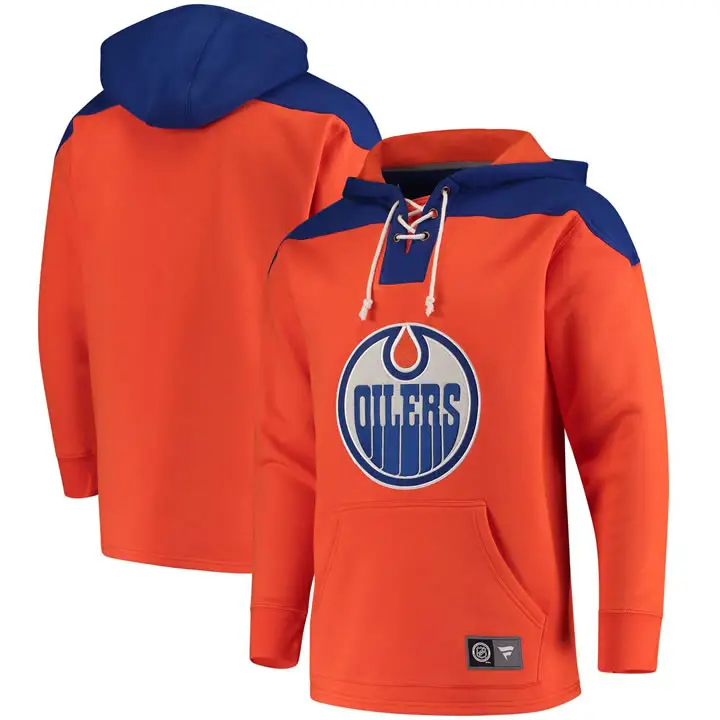 Image Men's Edmonton Oilers Fanatics Branded Orange Navy Breakaway Lace Up Hoodie