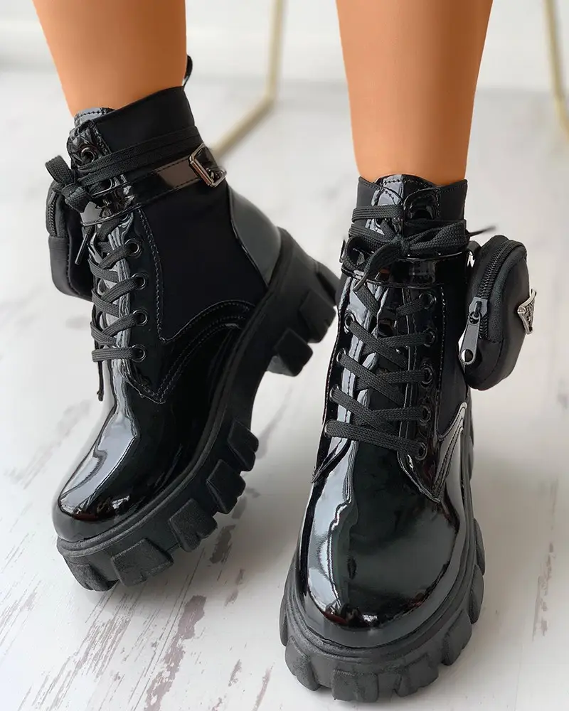 Image Eyelet Lace-up Pocket Design Combat Boots