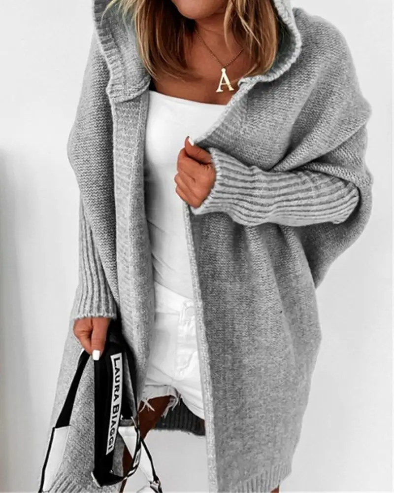 Image Open Front Batwing Sleeve Knit Hooded Cardigan
