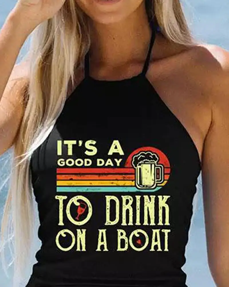 Image It's A Good Day To Drink On A Boat Print Drawstring Halter Tankini Set