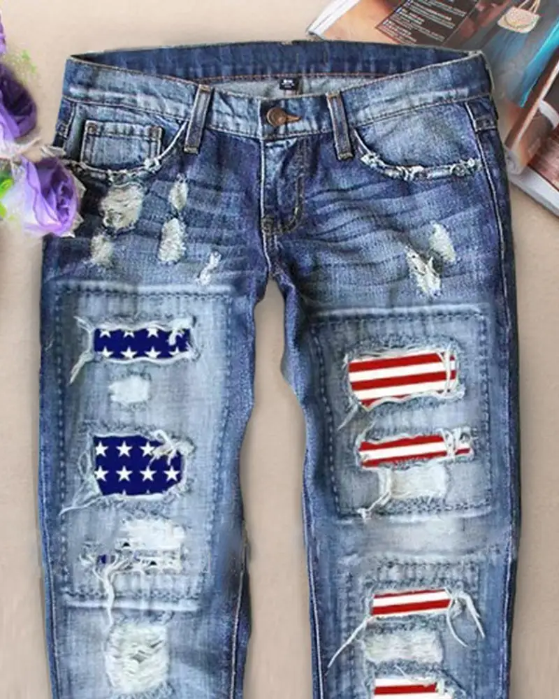 Image Independence Day Flag Print Patchwork Raw Hem Ripped Cutout Jeans