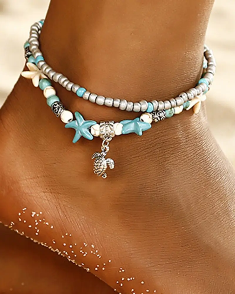 Image 1pc Beaded Turquoise Starfish Turtle Multi-layer Anklet