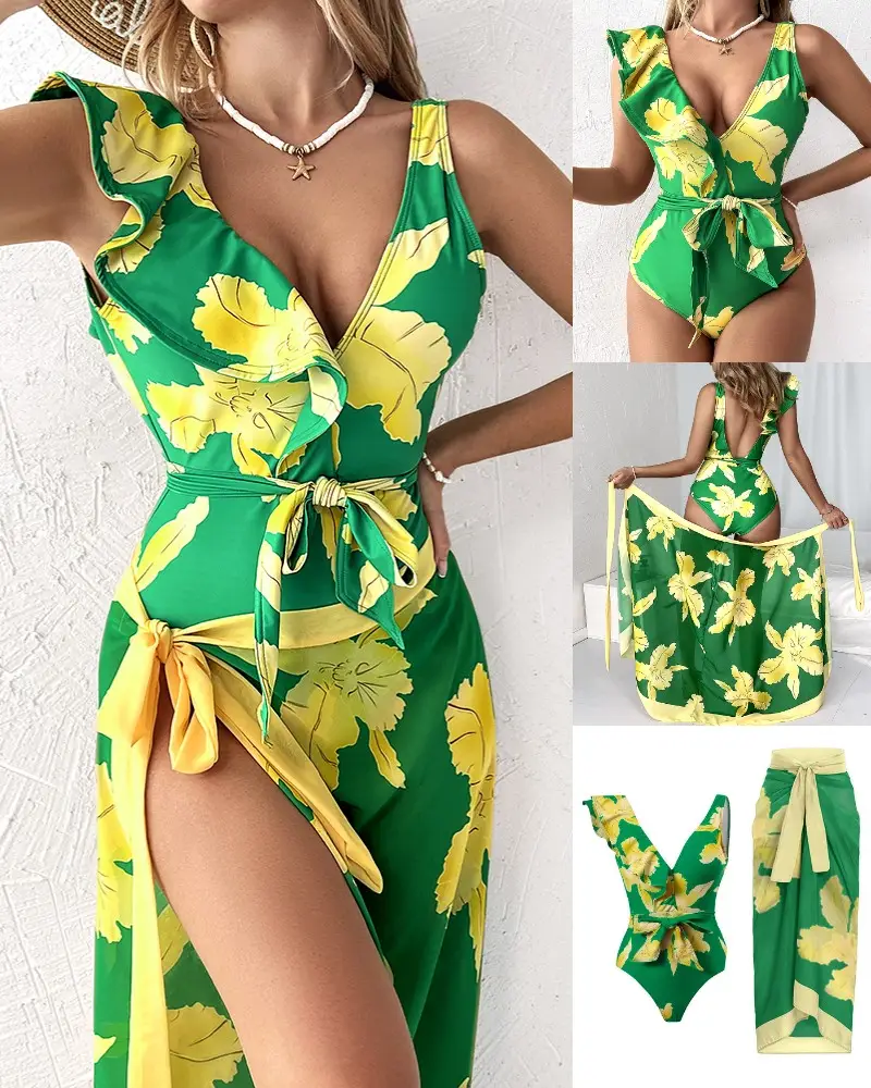 Image Plants Print Ruffle Hem One-Piece Swimsuit With Cover Up