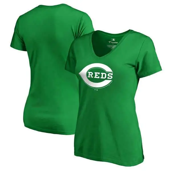 Image Women Cincinnati Reds Fanatics Branded Kelly Green Plus Size St. Patrick's Day White Logo V Neck T-Shirt