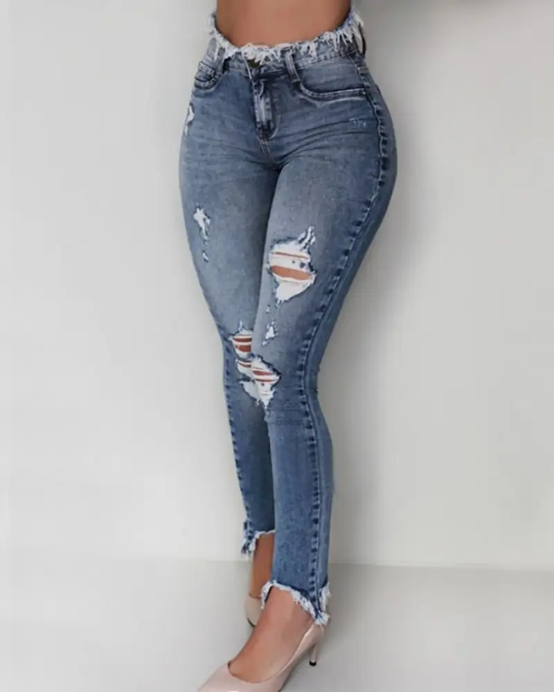 Image Distressed Cutout Fringe Hem Jeans