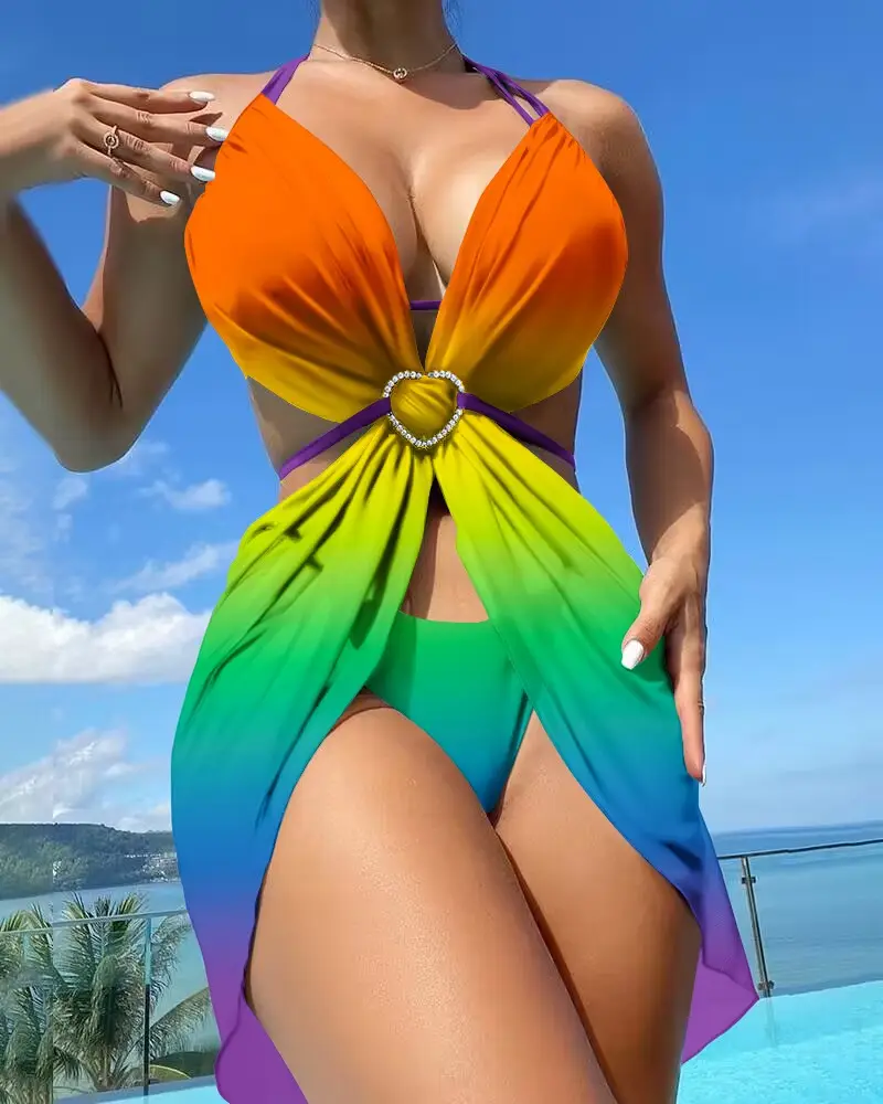 Image 3PCS Rainbow Ombre Tie Dye Print Halter Bikini Set With Cover Up