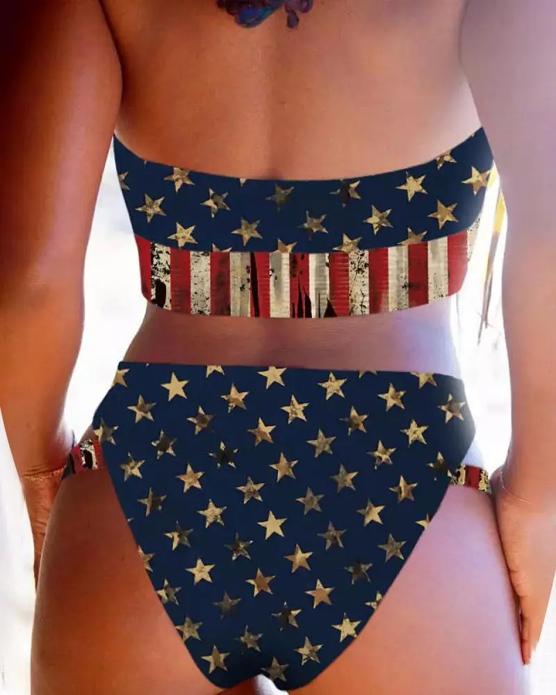 Image American Flag Print Crisscross Halter Bikini Set
