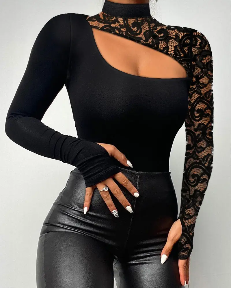 Image Contrast Lace Cutout Long Sleeve Top