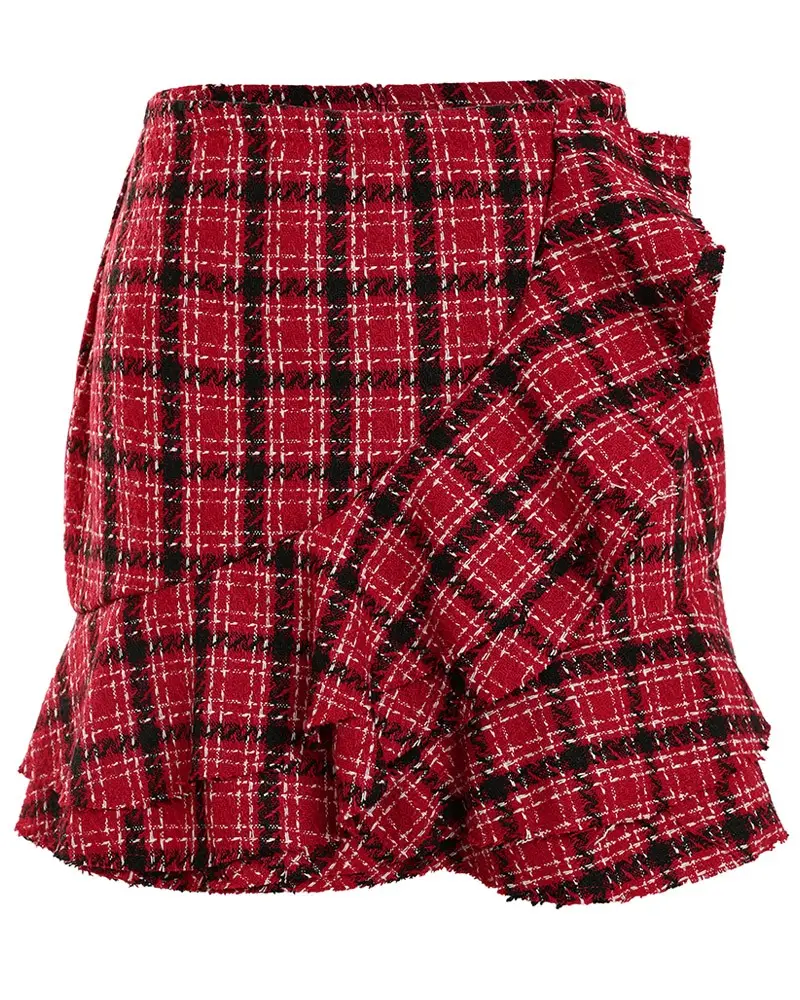 Image Tweed Ruffles Trim Plaid Print Skirt