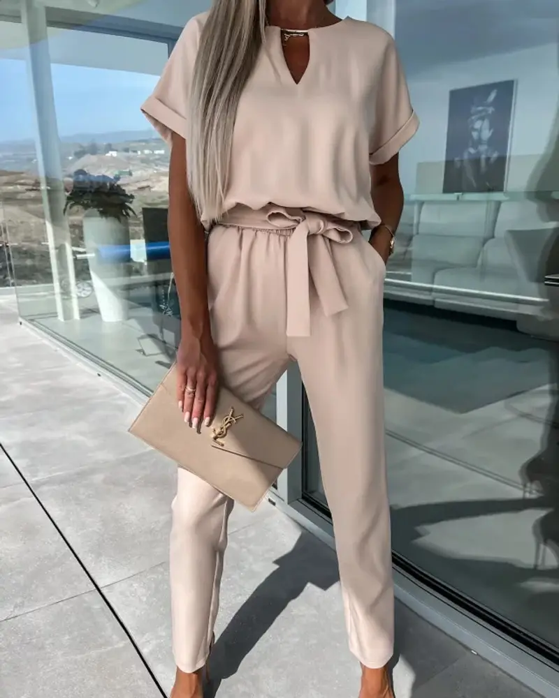 Image Keyhole Neck Tied Detail Casual Jumpsuit