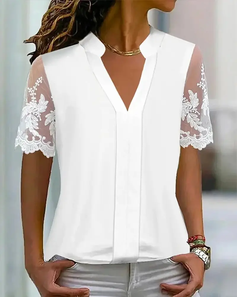 Image Lace Patch Notch Neck Top