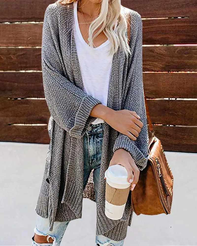 Image Solid Open Front Knitting Cardigan