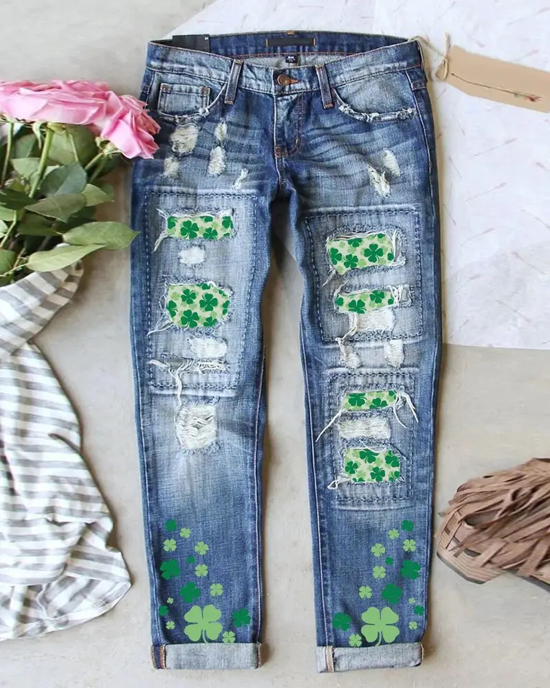 Image St. Patrick's Day Lucky Shamrock Print Patchwork Ripped Jeans