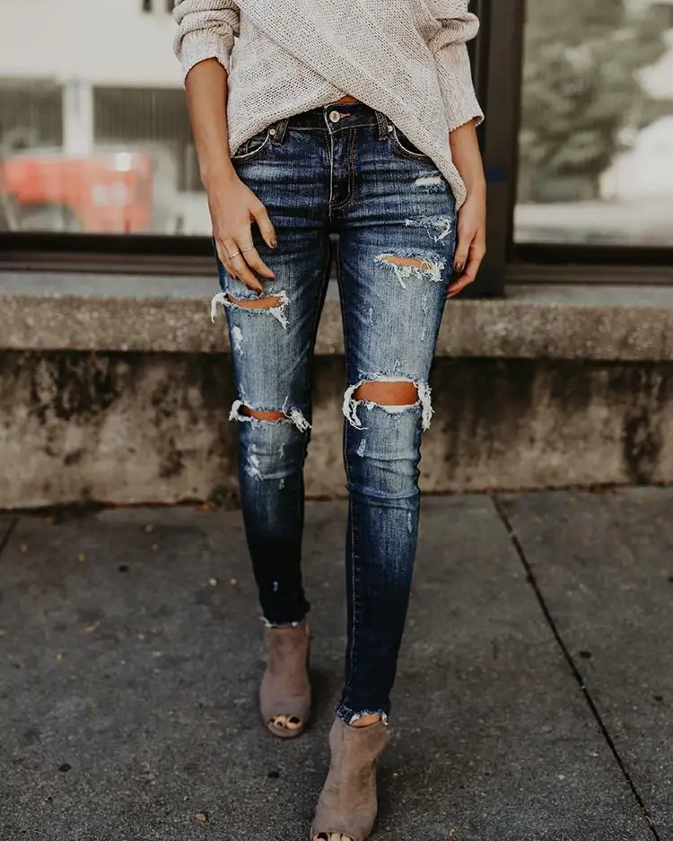 Image Holey Frayed Hem Distressed Jeans