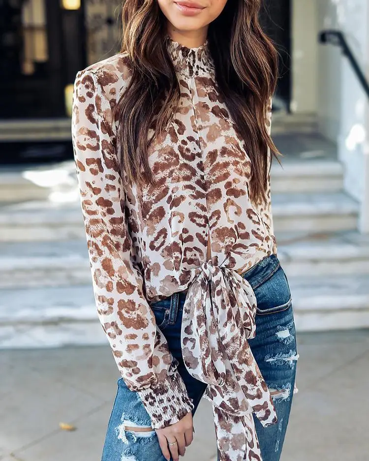 Image Leopard Print Bowknot Casual Blouse