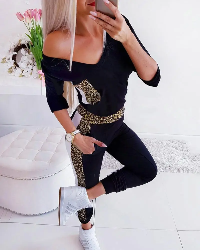 Image V Neck Leopard Print Tape Insert Pocket Jumpsuit