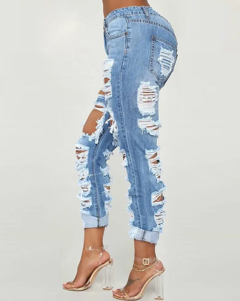 Image Solid Ripped Cutout Pocket Denim Jeans