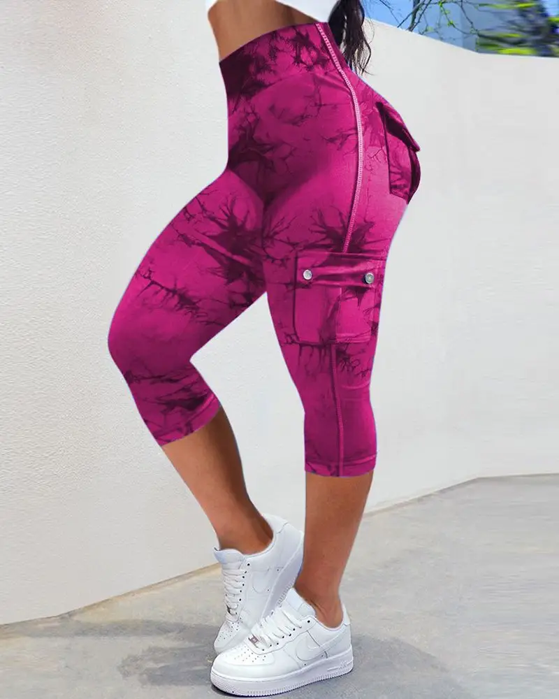 Image Tie Dye Print Pocket Design Capris Sports Leggings