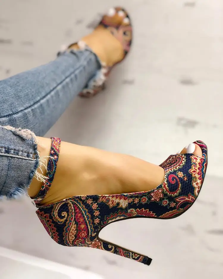 Image Ethnic Print Peep Toe Ankle Strap Thin Heeled Sandals