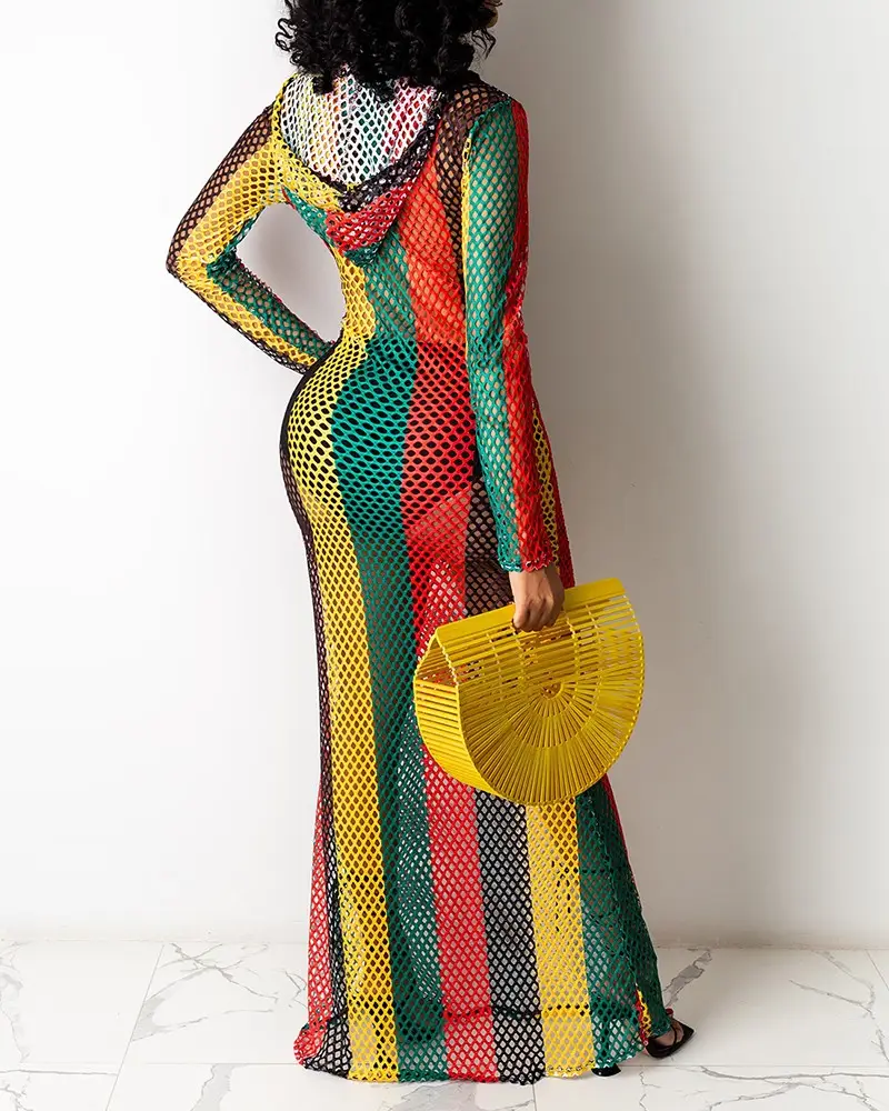 Image Colorblock Fishnet Design Hooded Cover Up Dress