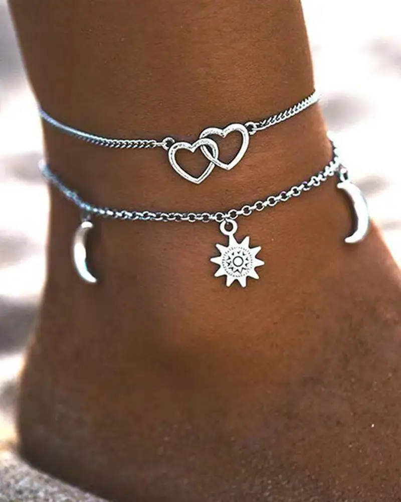 Image 2pcs Double Heart Galaxy Moon Sun Pendant Anklets Set