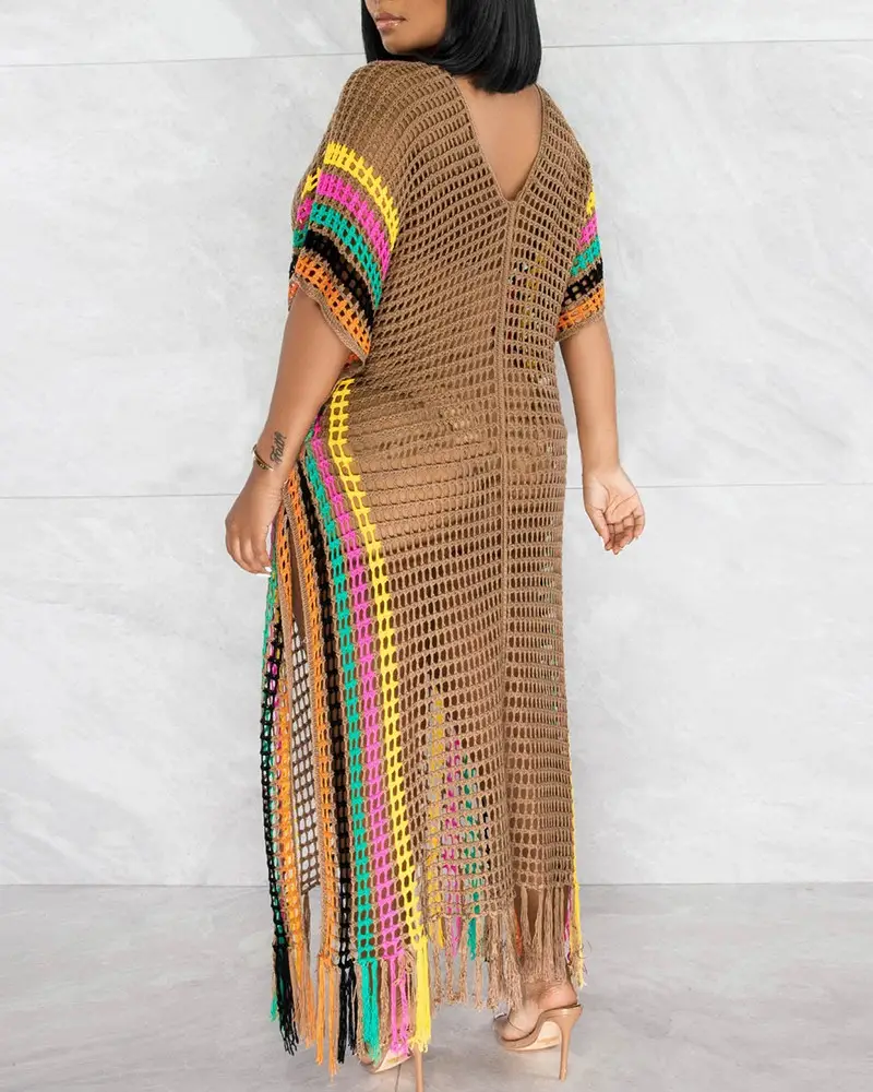 Image Striped Hollow Out Crochet Cover Up Dress