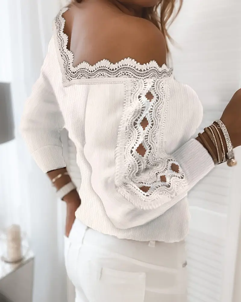Image Lace Trim Ribbed Cutout Long Sleeve Knit Sweater