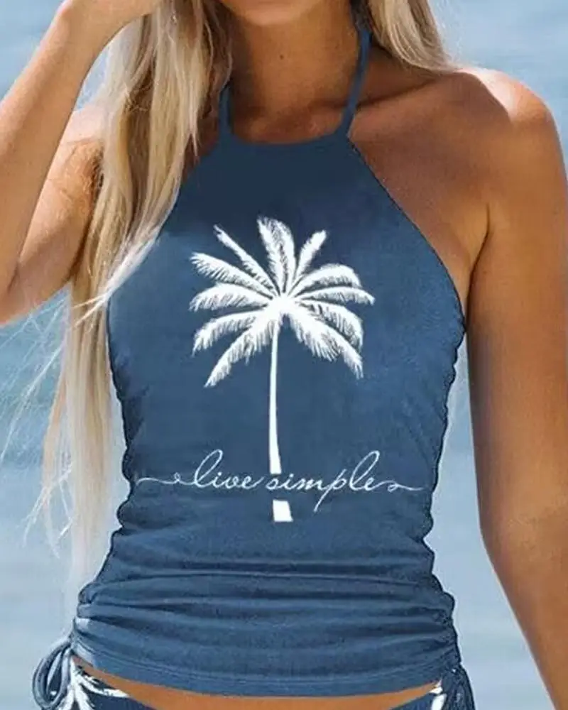 Image Live Simple Coconut Tree Print Drawstring Halter Tankini Set