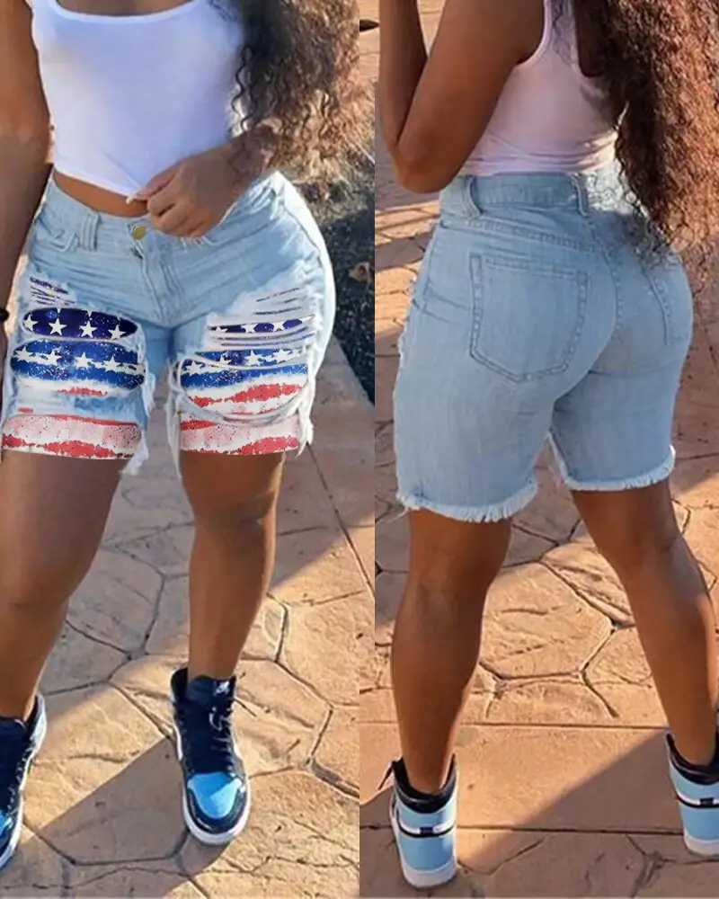 Image Independence Day Flag Print Ripped High Waist Denim Shorts