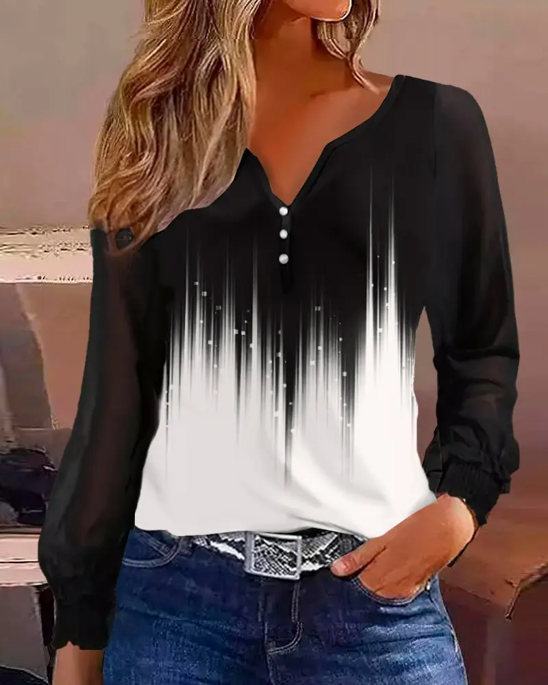 Image Abstract Print Colorblock Buttoned Casual Top
